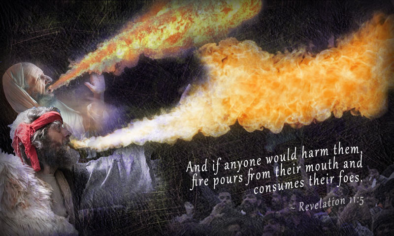 And if anyone would harm them, fire pours from their mouth and consumes their foes. If anyone would harm them, this is how he is doomed to be killed. ~ Revelation 11:5
