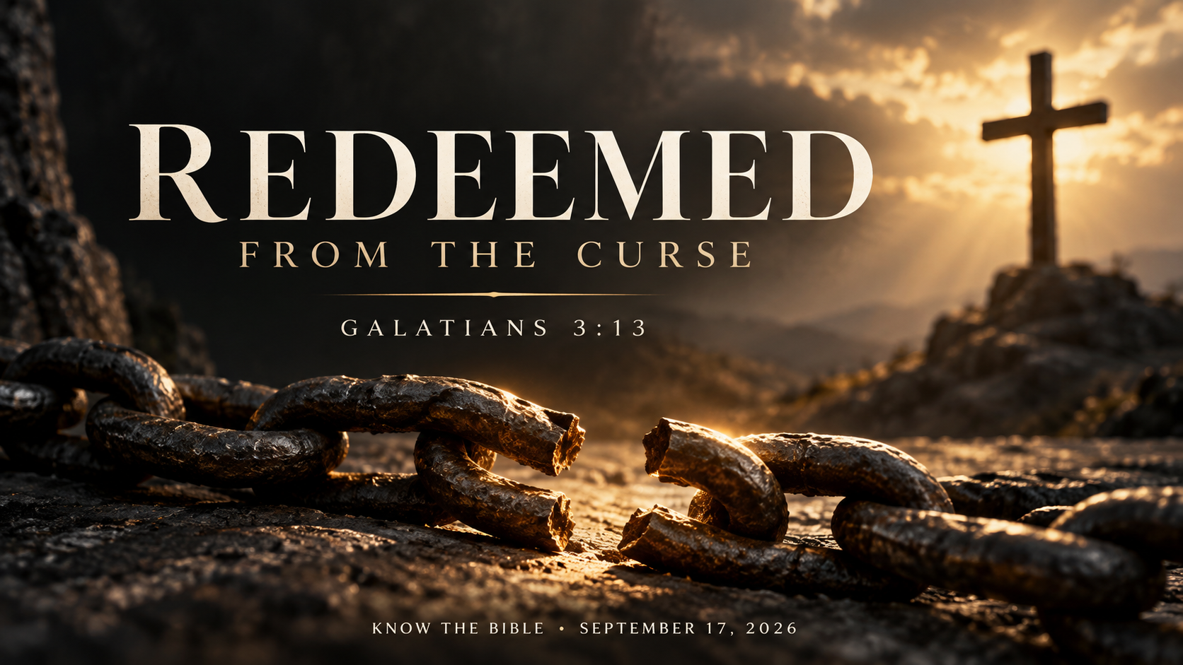 A broken iron chain and a cross in golden light, with the words “Redeemed From the Curse” and Galatians 3:13.